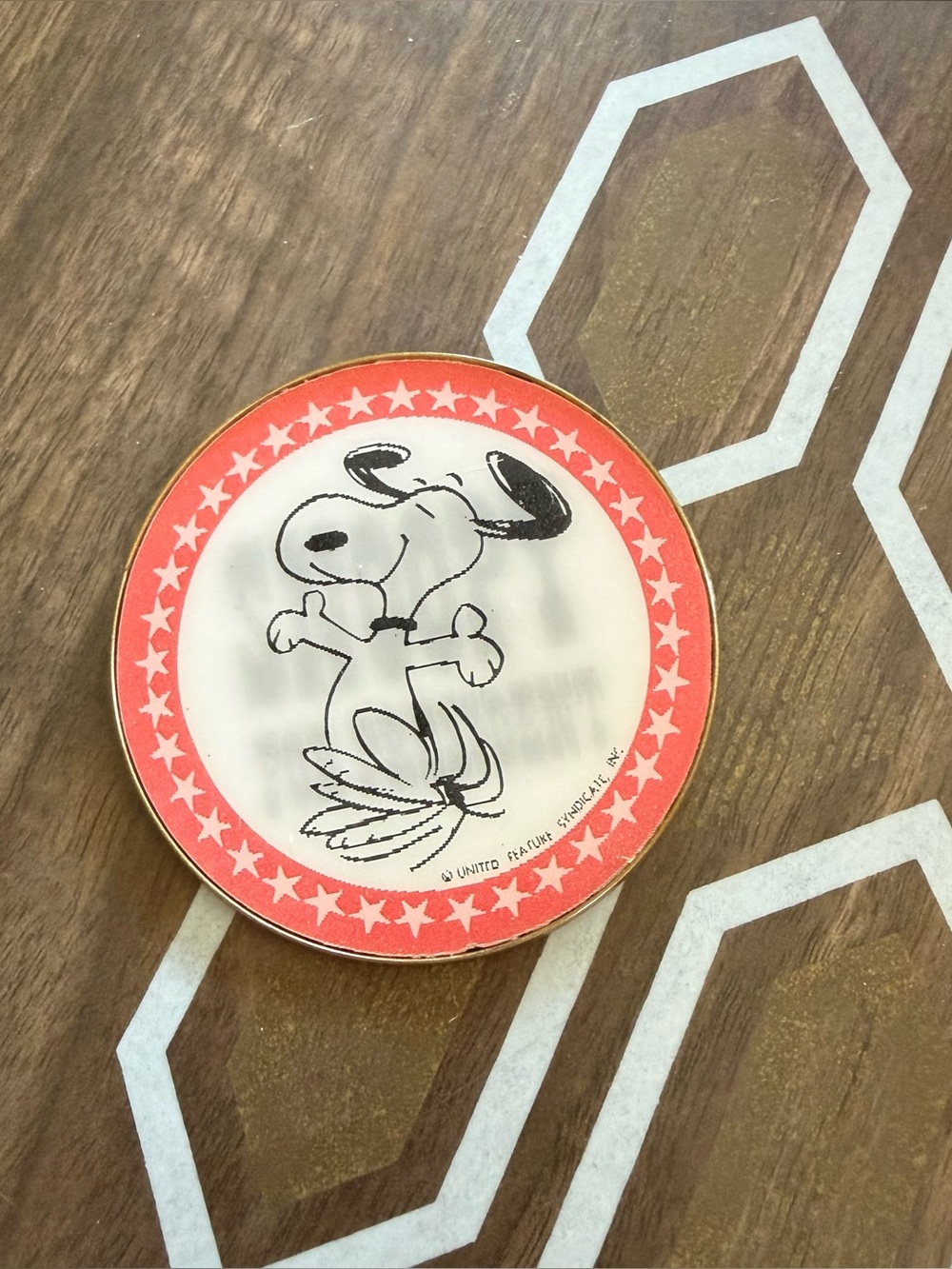 Vintage Snoopy Dancing Enamel Pin - Red & White Star Border